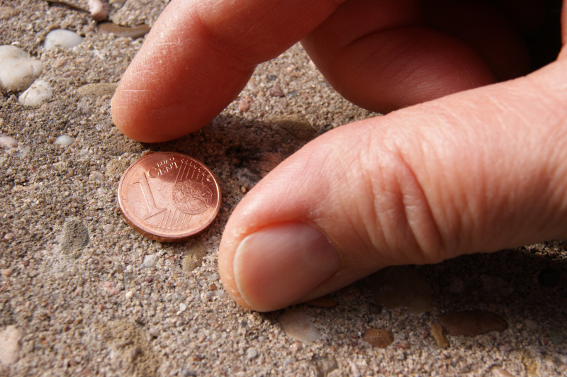 Eine männliche Hand greift nach einem Cent, der auf der Straße liegt