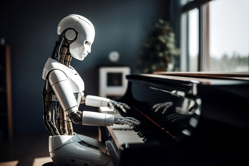 Ein Roboter spielt Klavier.