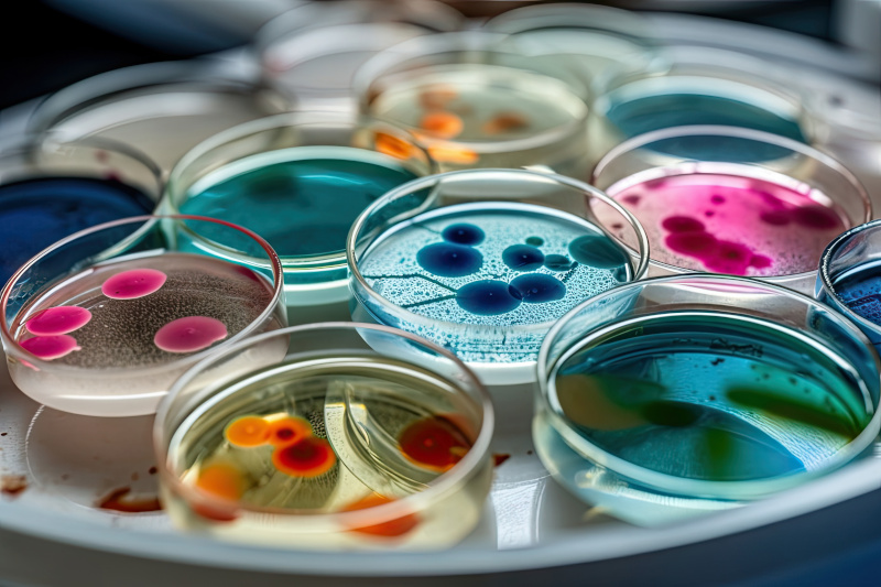 Bunte Vielfalt an Mikroorganismen in der Petrischalenplatte im Labor