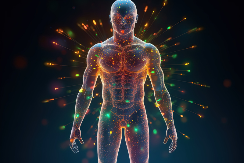 Ein gezeichneter menschlicher Körper, in dem verschiedene Lichter und Farben das Immunsystem symbolisieren.
