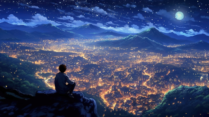 Anime japanische Sternennacht von einer Berggipfel-Landschaftstapete