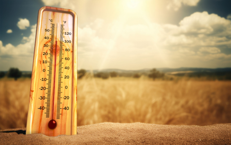 Ein Thermometer auf einem Feld bei Hitze