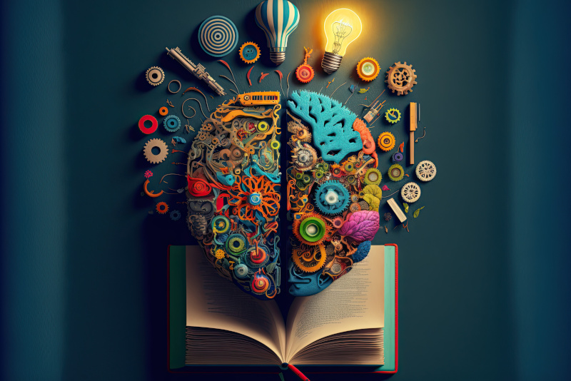 Ein buntes Gehirn über einem Buch