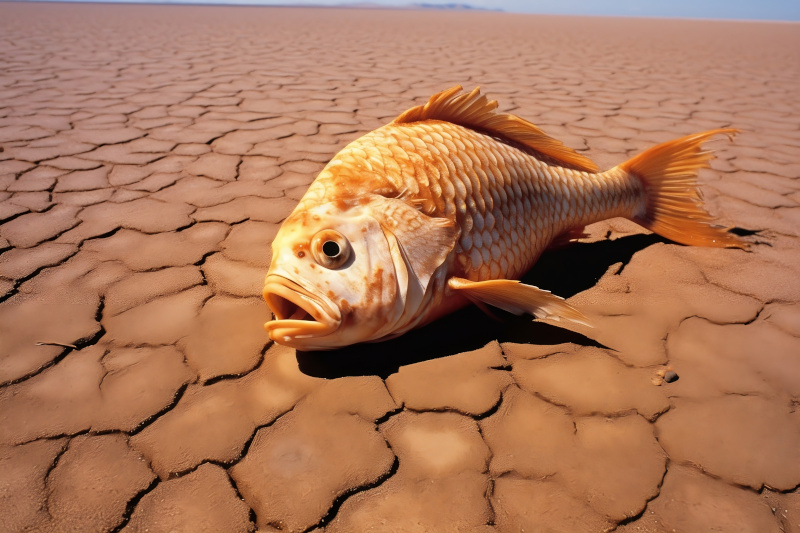 Ein toter Fisch auf Wüstenboden.
