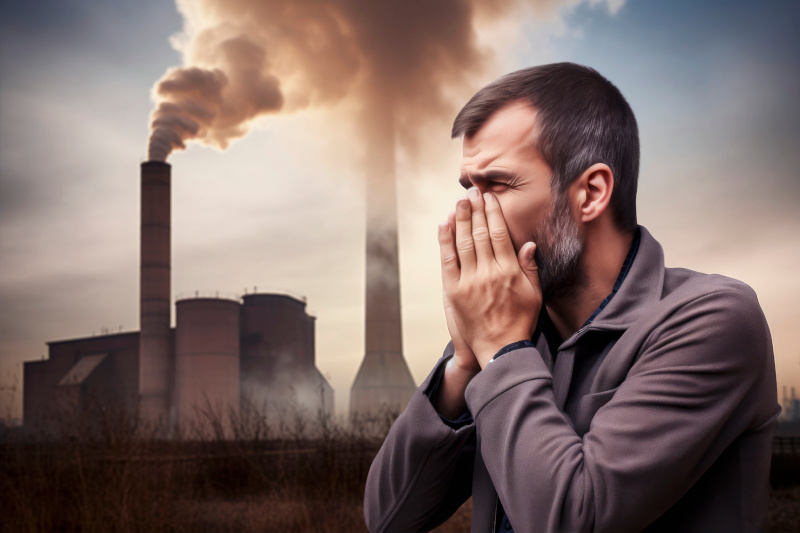 Ein Mann bedeckt sich Mund und Nase vor einer Fabrik
